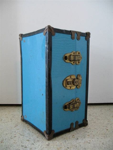 blue metal doll box|Baby Blue Doll Suitcase Storage Metal Box Mini Steamer Trunk.